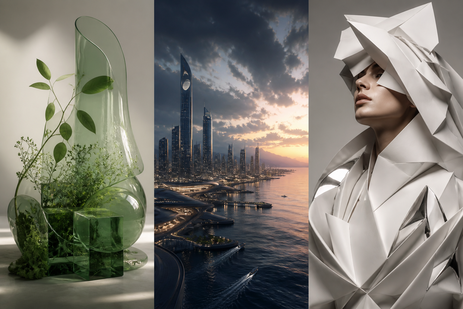 Triptych of generated image, video, and creative editing results